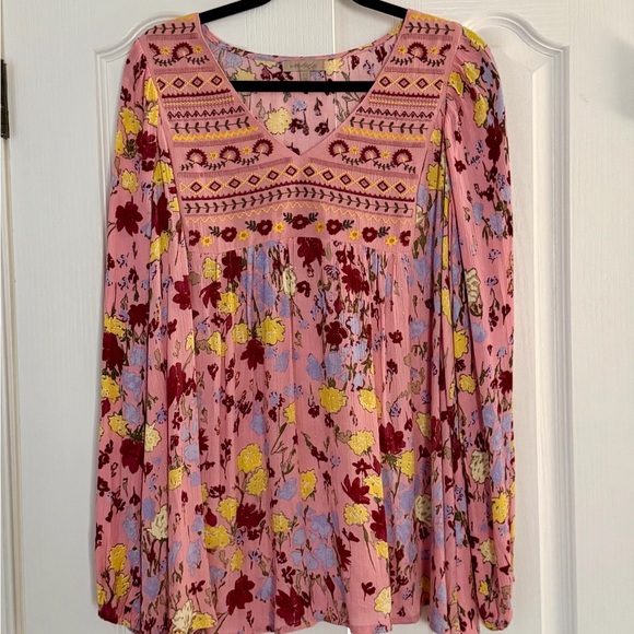 Wonderly Tops - Wonderly Pink Floral Blouse with Yellow and Red Accents